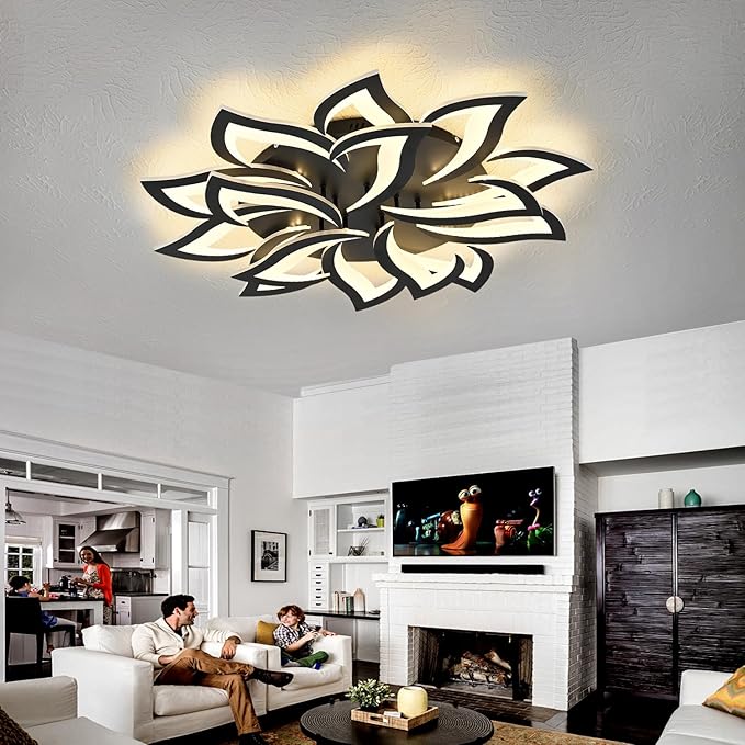 HuixuTe 36" Black Modern Geometric Dimmable Ceiling Light Fixture, 15 Leaves Low Profile Flush Mount Ceiling Light for Kitchen, Bedroom, Living Room