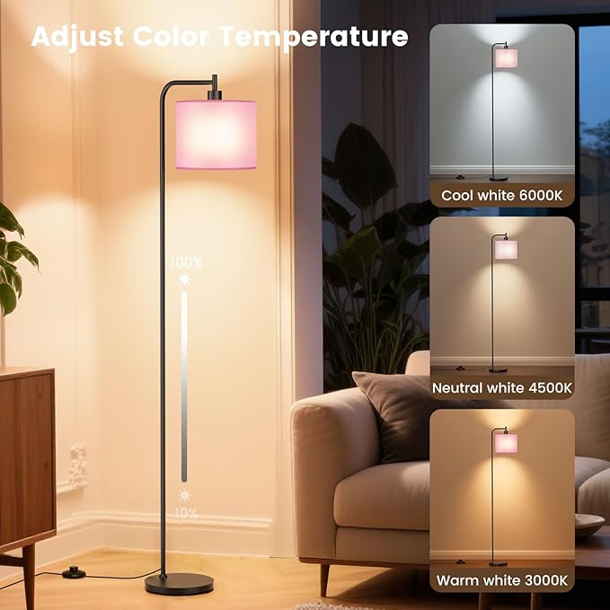 Floor Lamp with Linen Shade, Dimmable Tall Standing Lamp with Remote Control & 3 Color Temperatures, Modern Corner Floor Lamps for Living Room Bedroom Office, 9W LED Bulb Included