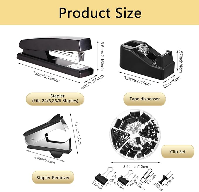 Office Supplies,Desk Accessories,Tape Holder,Stapler,Scissor,Staple Remover,Box of Binder Clips,Staples,Ballpoint Pen,Lndex Tabs,Clear Tape,Office Supplies Set(Black)