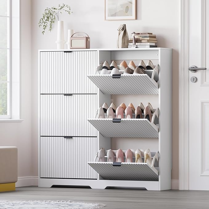 Large Shoe Cabinet for Entryway, Tall Narrow Shoe Storage Cabinet with 6 Flip Drawers and Adjustable Shelves, Shoe Rack Cabinet Organizer for Hallway, Foyer, Small Apartment