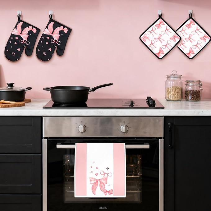 8 Pcs Cute Pink Bow Kitchen Towels and Dishcloths Sets Oven Mitts Pot Holders Set Valentines Day Absorbent Decor Accessories Gloves Potholders Heat Resistant for Chef Baking Cooking Home Gifts