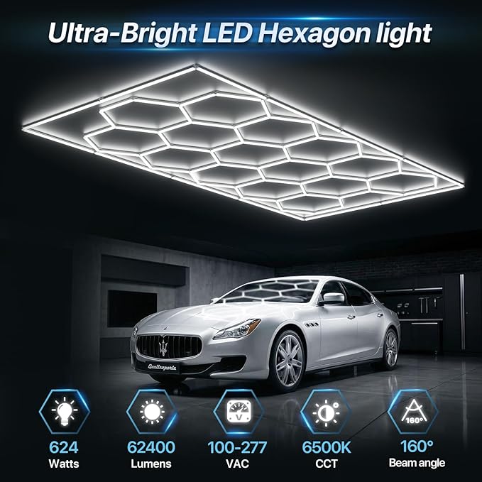 HYPERLITE Gen 2 Hexagon Garage Light, Upgraded 3 Level Dimmable 624W 62400LM Super Bright Garage Detailing Lights, 15 Grids with Rectangle Frame Shop Light, Hexagon LED Lights for Gym