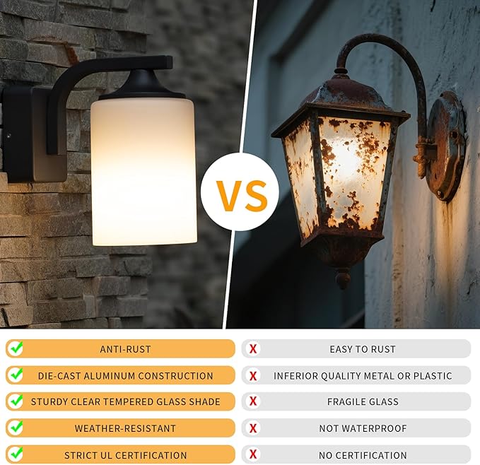 Outdoor Wall Lamp, Waterproof and Anti-Rust Aluminium Modern Wall Light Fixture Milk Glass Indoor for Outside,Garden, Matt Black