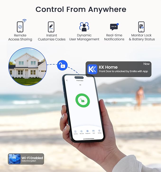 Veise VE017G Wi-Fi Keyless Entry Door Lock, App Remote & Voice Control, Fingerprint Smart Locks for Front Door, Touchscreen Electronic Keypad Deadbolt, Auto Lock, Emergency Power Port, Satin Nickel