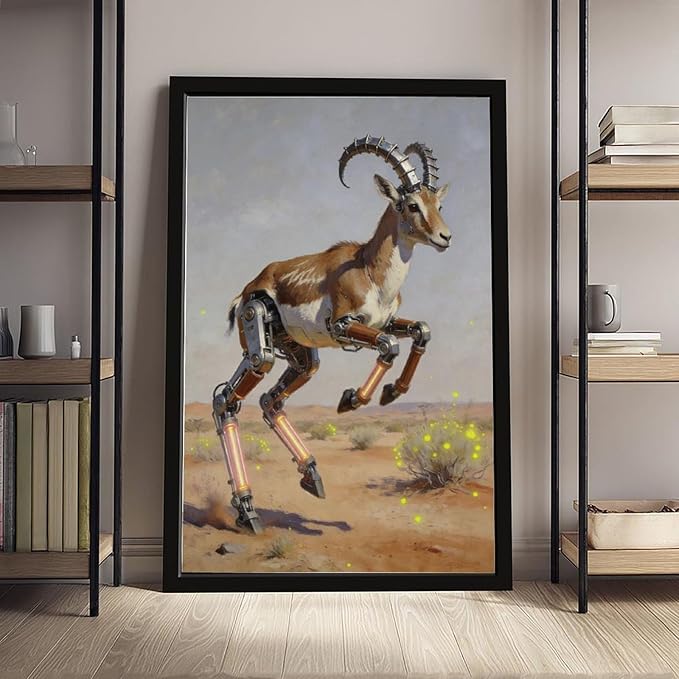 Framed Steampunk Mechanical Antelope Wall Art - Desert Futuristic Poster for Loft Living Room Decor 12x18in