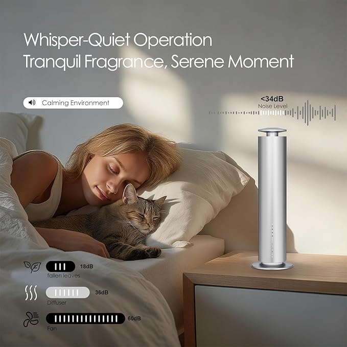 Waterless Essential Oil Diffuser, Long Lasting Aromatherapy Scent Diffuser for Home with Light Mode, 1500 Sq. Ft Coverage Quiet Oil Diffusers for Bedroom Safe for Kids&Pets, Silver