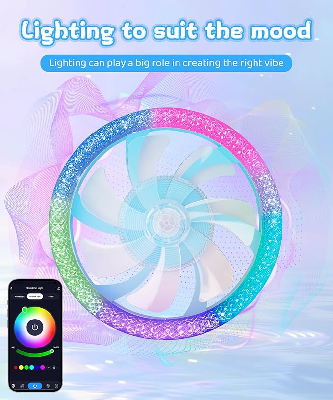 2 in 1 Wifi RGB-LED 20” Ceiling Fans with Lights and Remote, 3000-6500K Dimmable Flush Mount Smart Low Profile Ceiling Fan with Lights, Bluetooth Bladeless Fans with APP, for Bedroom, Blue