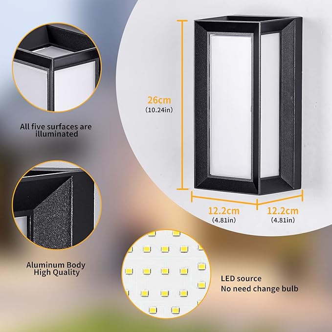 LANFU LED 18W Modern Rectangular Outdoor Wall Sconce 3000K Outside Light for House Patio, Black with Full Border Warm White, IP64 Waterproof Outdoor Wall Lights for House Patio Exterior Wall (1 Pack)
