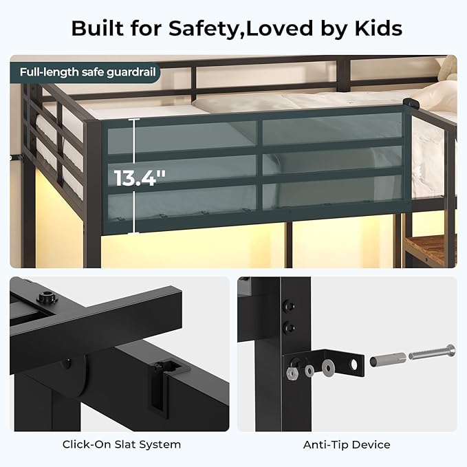 ADORNEVE Triple Bunk Bed with Storage Staircase, RGB Lights & Charging Station, Twin Over Twin, Heavy Duty Metal 3 Bunk Beds with Drawers & Headboard Shelf, Safety Guardrails, for Kids, Black