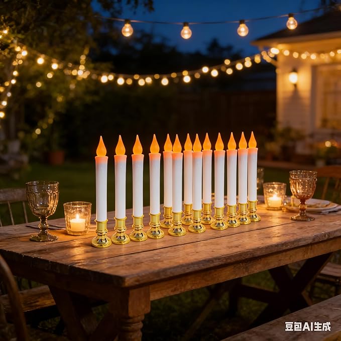 20 Pack 9" Gold Base LED Candle Lights with Dusk to Dawn Sensor, Battery Powered Flameless Candles for Indoor Table Party Decor