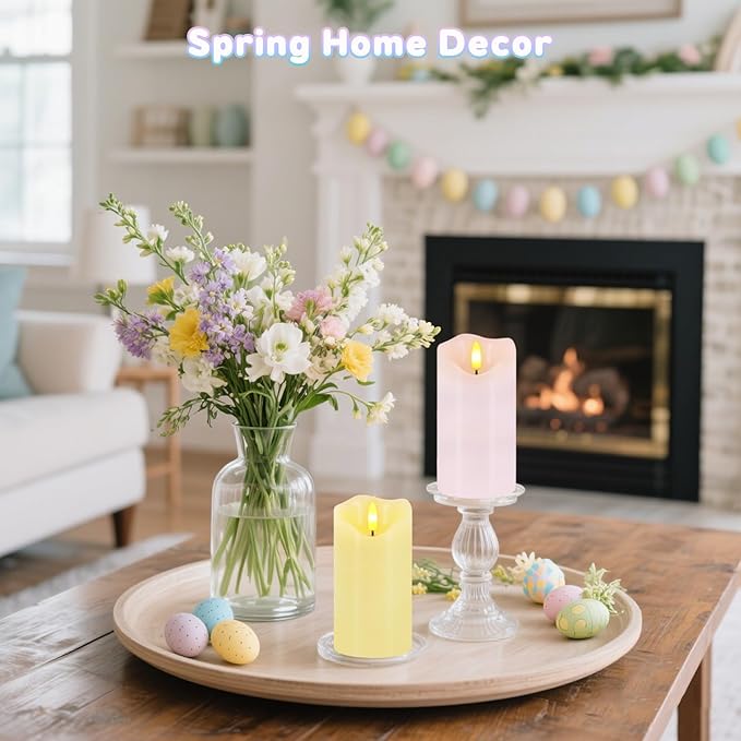 Flameless Candles Light, Set of 2 6"x3" Flickering Pastel Spring LED Candles with Remote & Timer, Dimmable Real Wax Easter Pillar Candles Battery Operated for Home Spring Easter Decor (Pink Yellow)