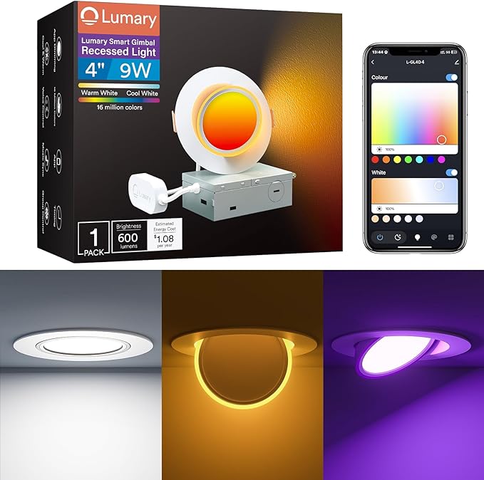 Lumary 4 Inch Smart Gimbal Recessed Lighting Ultra with 2200k Night Light，270°+90°Rotatable LED Recessed Lights, 9W 600LM Angled Adjustable LED Downlight, Works with Alexa & Google Assistant，1Pack