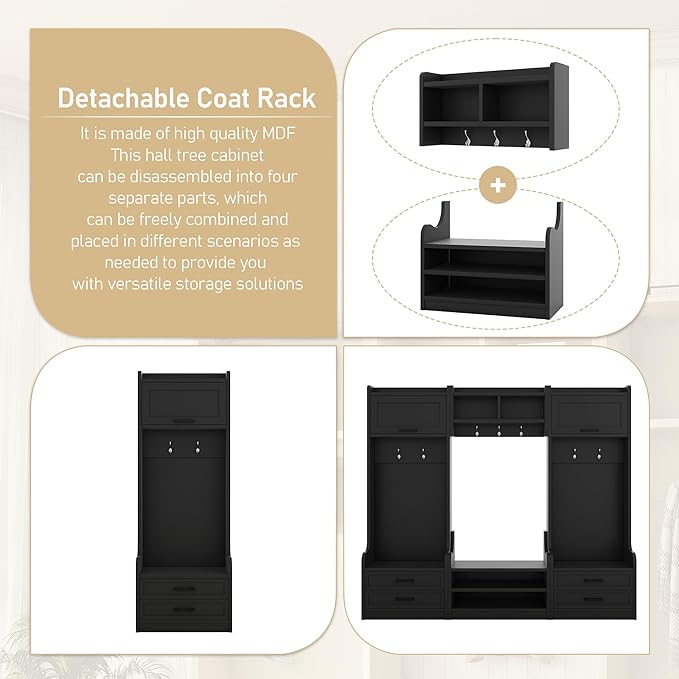 Bellemave Wide Hall Tree with Storage Bench, Wood Coat Rack with Cabinet and 7 Hooks, Mudroom Organizer with Shoes Storage Cubbies for Entryway Hallway (Black, 78" W)