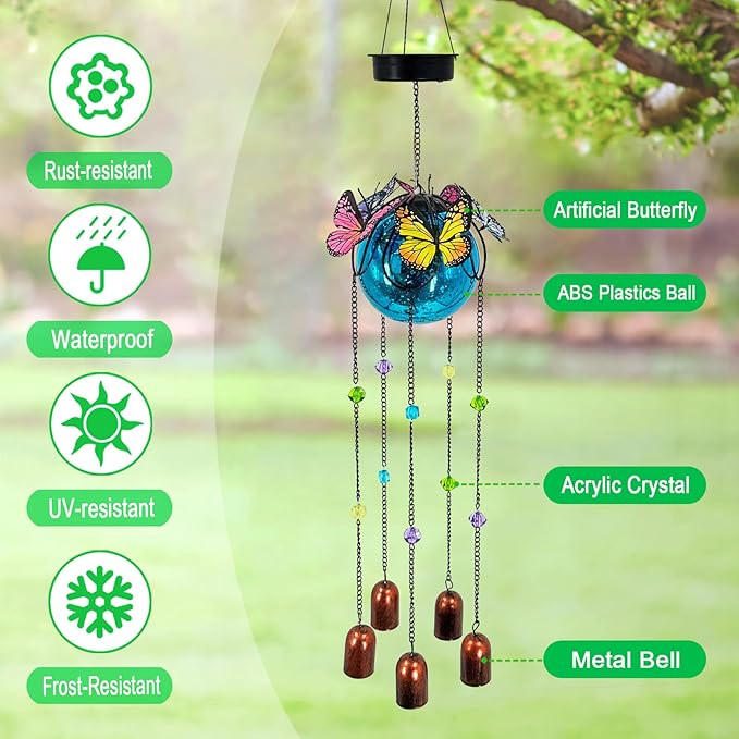 Butterfly Wind Chimes for Outside,Plastic Ball Dangle Solar Lights Outdoor,Waterproof Hanging Yard Decorations for Garden,Patio,Porch