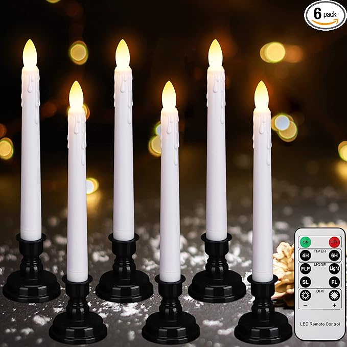 LED Battery Operated Window Candle with Remote & Timer Flickering Warm Light Christmas Flameless Taper Candles for Party Holiday Wedding Home Table Decoration (Pack of 6,White+Black Holder(A))…