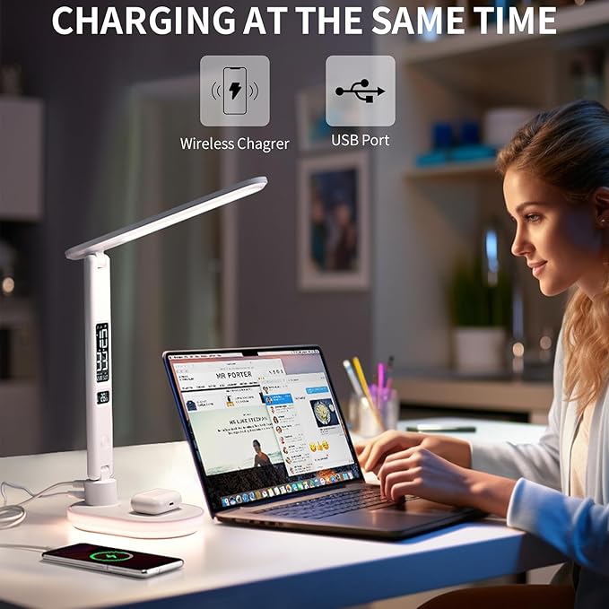 LED Desk Lamp with 10W QI Wireless Charging, Flexo Table Lamp with 3 Colors and 5 Brightness Levels with Charging Function,USB,Clock,Temperature,LCD,Date,Touch Control. (White)