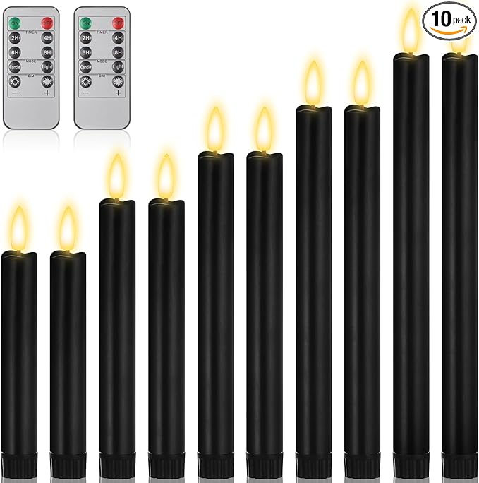 10 Pcs Flameless Taper Candles with Remote Battery Operated Taper Candles Include 6.5'' 7.7" 8.9" 10" 11.2" Fake LED Electric Candle Sticks for Valentine's Day Home Wedding Decor (Black)
