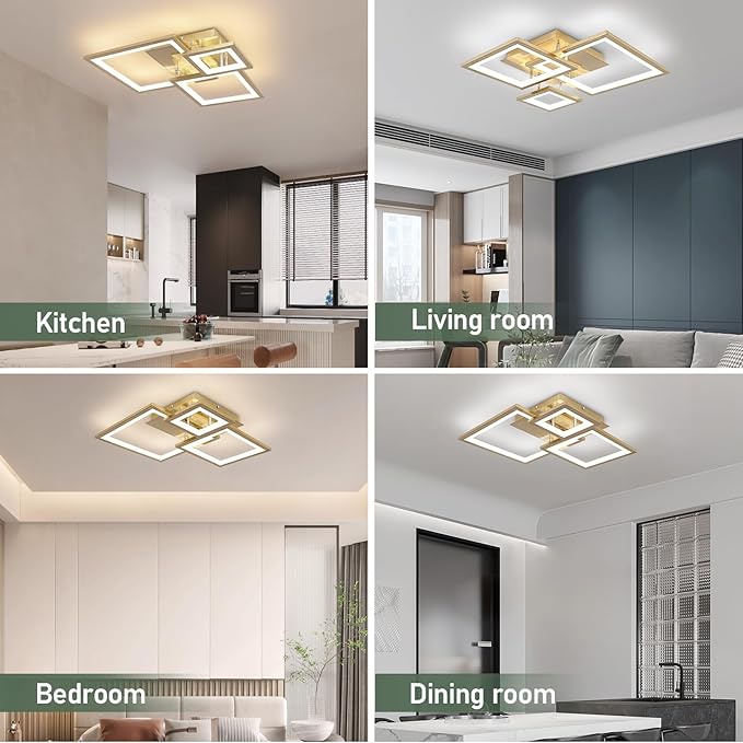 Modern Gold Led Ceiling Light 3-Square Design 3000K-6500K Dimmable LED Ceiling Light with Remote 33W Acrylic Ceiling Lighting Fixture for Bedroom Kitchen Dining Room Office Lamps