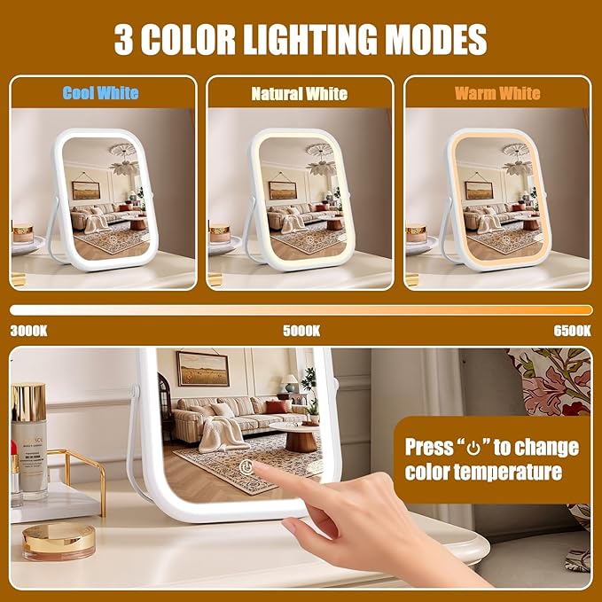 Rechargeable Travel Makeup Mirror, 8"×6" Small Vanity Mirror with Lights, 1500mAH Battery, 3-Color Lighting, Dimmable, 360° Rotation, Portable Desk Mirror with Storage Pouch, Travel Essentials (White)