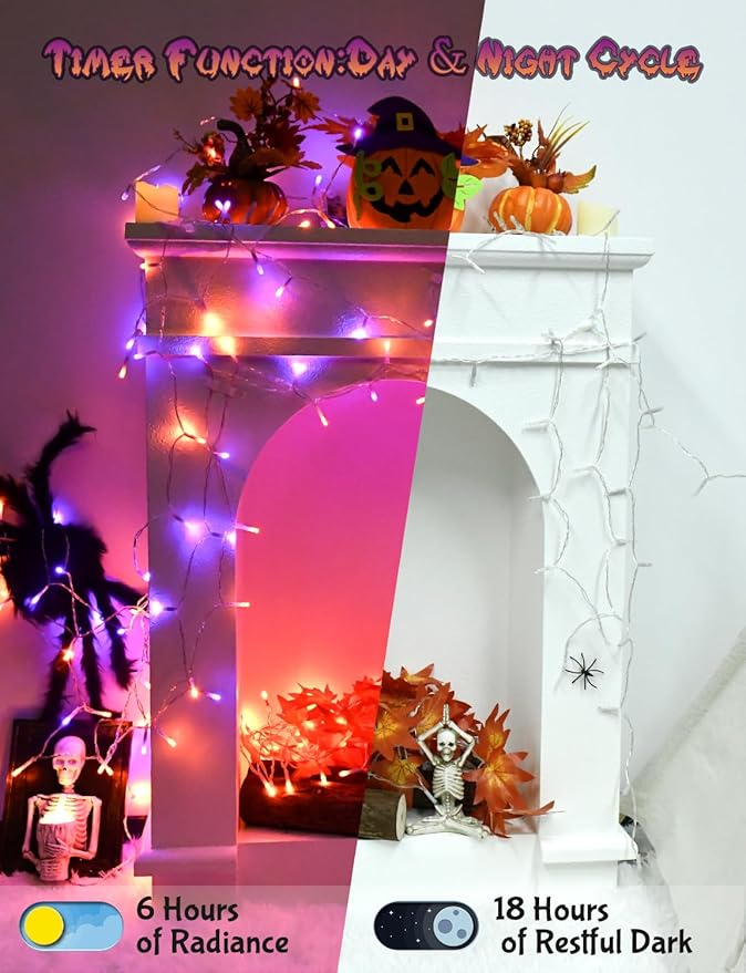 Halloween String Lights Battery Operated With Timer, Orange and Purple Outdoor 9.8ft 30LED, Decorations for Party Yard Pathway Indoor Outdoor