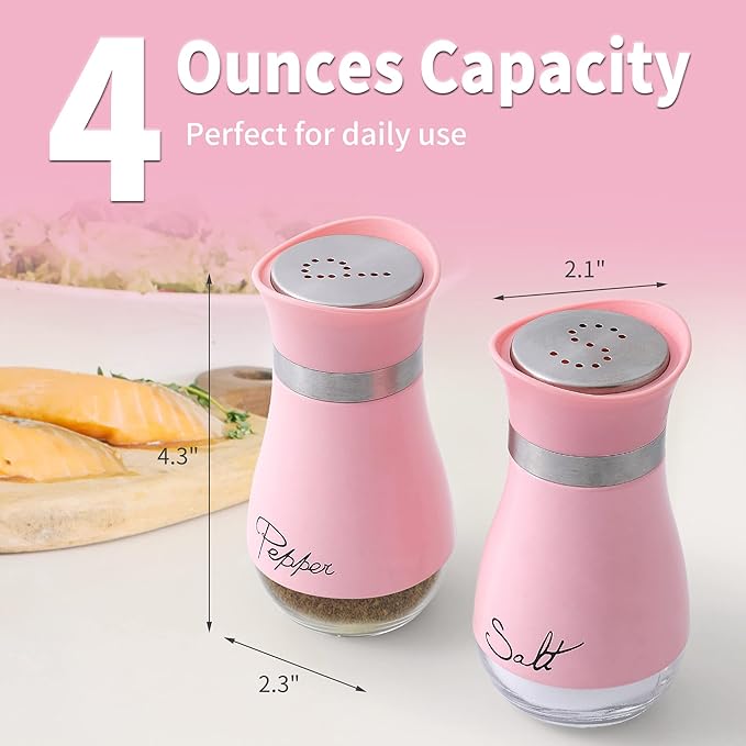 Lonffery Salt and Pepper Shakers Set - Salt Containers for Gifts, Kitchen Decor, Home, RV, Camp, BBQ, 4 oz Farmhouse Spice Dispenser with Glass Bottom, Pink, Set of 2