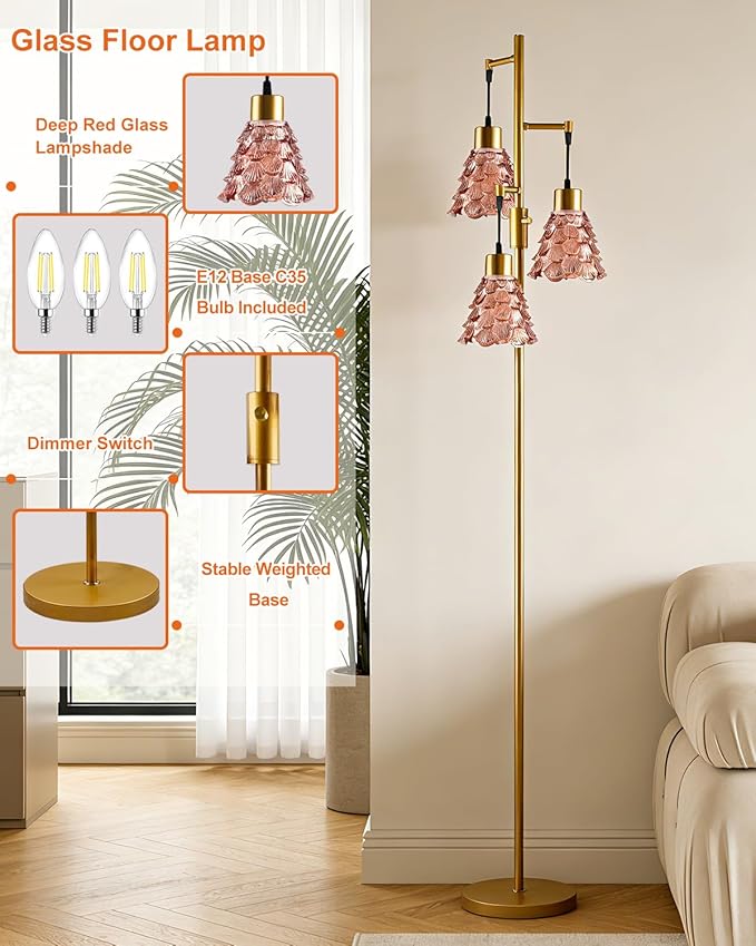Glass Floor Lamps for Living Room, 67'' 3-Light Dimmable Floor Lamp with Rose Red Glass Shade& E12 Bulbs Included, Mid Century Standing Tall Lamp for Bedroom/Sofa Beside/Corner Decor-Gold