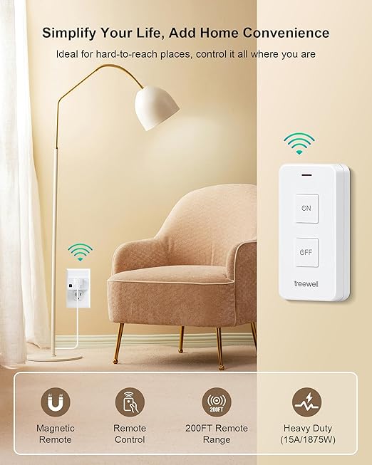 Remote Control Outlet with 2 Remotes, 200FT Long Range Wireless On Off Switch, Mini Electrical Outlet Plug, 15A/1875W High-Power for Lamps, Lights, Household Appliances, ETL & FCC Listed