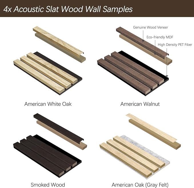Wall Panels for Interior Wall Decor - Wood Slat Wall Panel Samples Pack (4PCS) - Wall Decor Natural Oak/Walnut/Oak (Grey)/Smoked Wood Wrapped Soundproof Wall Panels