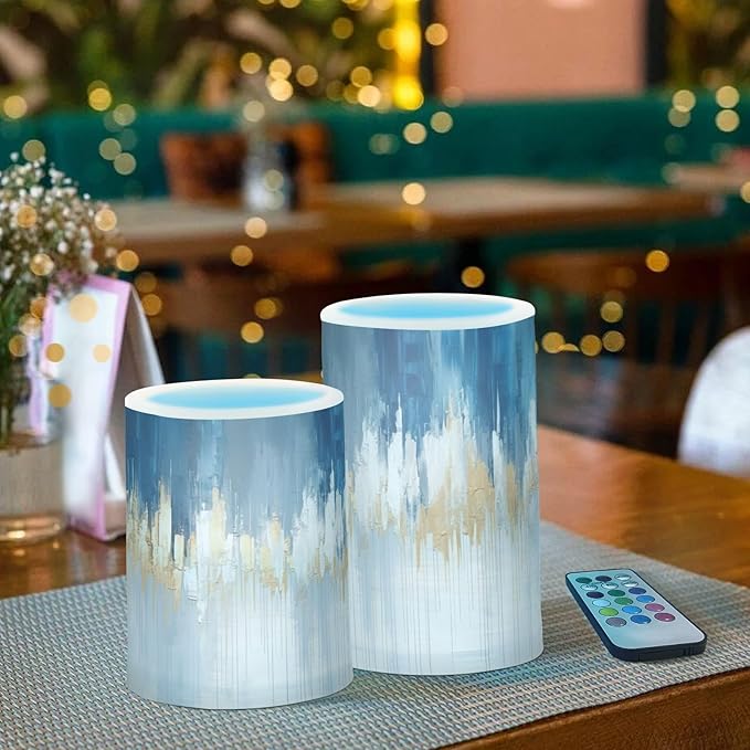 Abstract Oil Painting in Blue Flameless Candles Color Changing LED Candles with Remote Control Battery Candles for Outdoor and Indoor Home and Room Decoration, 3'' x 4''/5'' Set of 2 Pieces