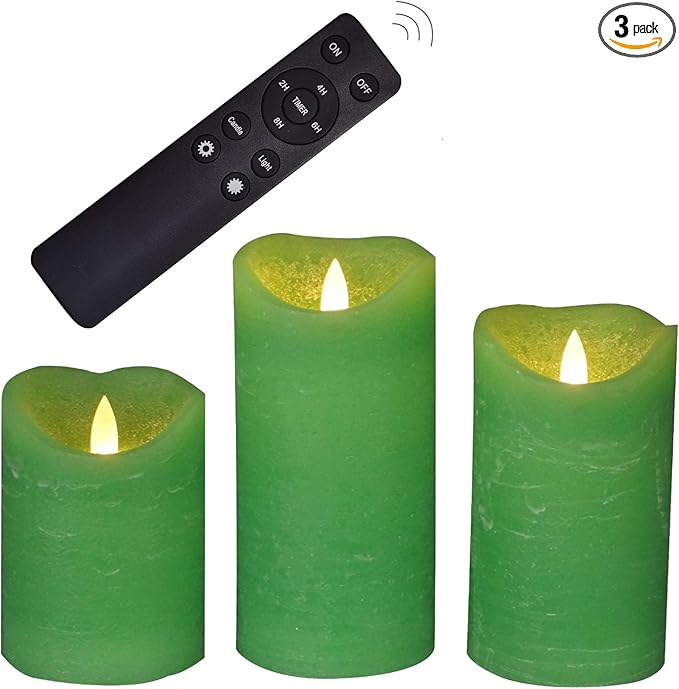 CANDLE CHOICE Battery Operated Flameless Candles with Remote Timer Real Wax Realistic Bright Flickering Electric LED Pillars Lights Wedding Party Christmas Decorations Set of 3 Rustic Texture Green