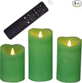 CANDLE CHOICE Battery Operated Flameless Candles with Remote Timer Real Wax Realistic Bright Flickering Electric LED Pillars Lights Wedding Party Christmas Decorations Set of 3 Rustic Texture Green