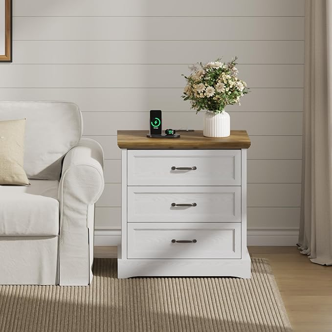 NightStand Set of 2 with Charging Station, Farmhouse 23.6" W Bedside Table with 4 Drawers, Night Stand for Bedroom, Home Office, White & Brown
