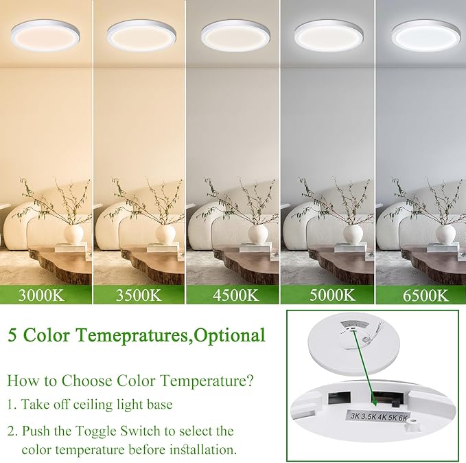 LED Flush Mount Ceiling Light Fixture, 24W 12Inch 3000K/3500K/4500K/5000K/6500K 5 Color Changeable 2880LM Low Profile Ceiling Light for Bedroom, Living Room, Dining Room, Hallway White