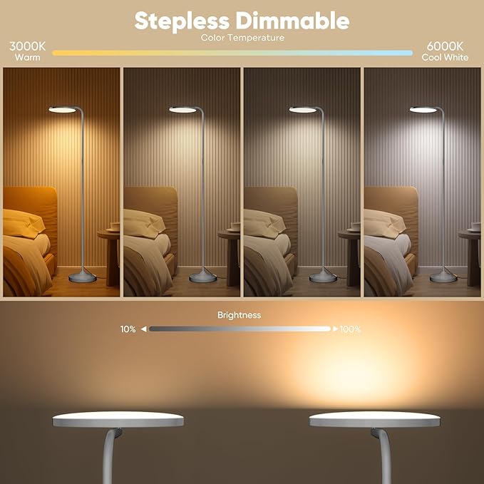 36W LED Floor Lamp, Super Bright Standing Lamp, Modern Stepless Dimmable Torchiere Tall Lamp with Remote Control, 350°Rotating Head Reading Floor Lamp for Living Room, Bedroom, Office