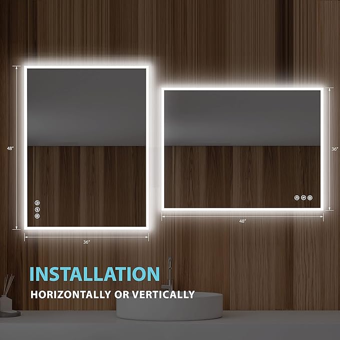 Blossom 48"X36" LED Bathroom Mirror with Lights, Front Lit and Backlight, Stepless Dimmable, Anti-Fog, Shatter-Proof Tempered Glass, Memory, 3 Colors Lighting Bathroom Mirrors for Vanity