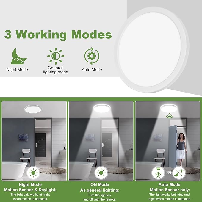 24W Motion Sensor LED Ceiling Light Wired, 2400lm 12Inch 2700K/4000K/6500K IP54 Flush Mount Lighting Fixture with Remote, Radar Motion Activated Ceiling Lamp for Hallway Laundry Porch Stair Closet