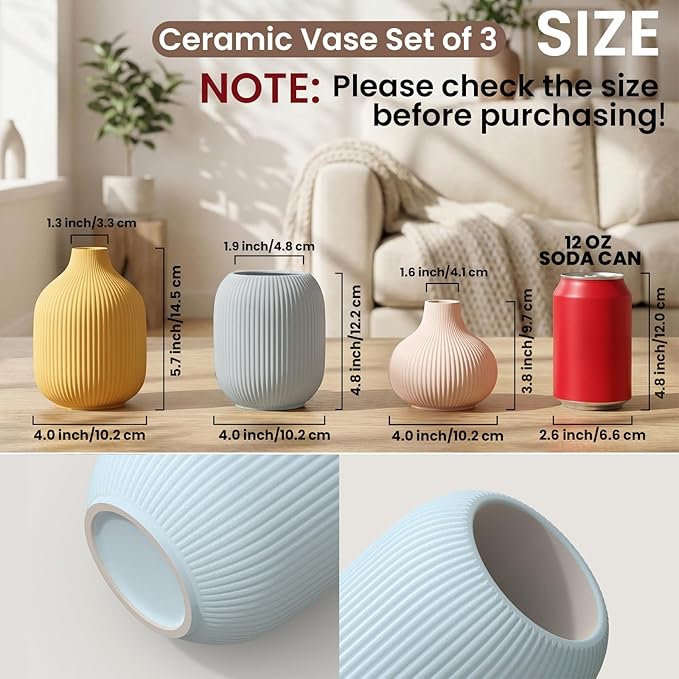 Set of 3 Small Matte Vibrant Ceramic Vases in Light Blue, Mustard Yellow and Beige - Modern Minimalist Ribbed Decor for Centerpiece, Farmhouse Living Room, Kitchen Shelf, Gift Idea