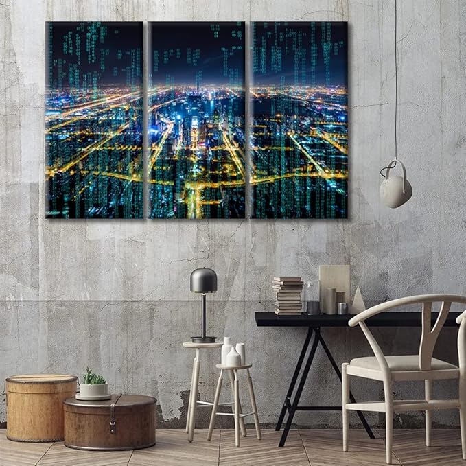 3 Pieces Abstract Futuristic PCB Pattern and CPU Poster Home Decor Modern City with Wireless Network Connection Artwork Wall Art for Living Room Print on Canvas Framed Ready to Hang ((42"Wx28"H)