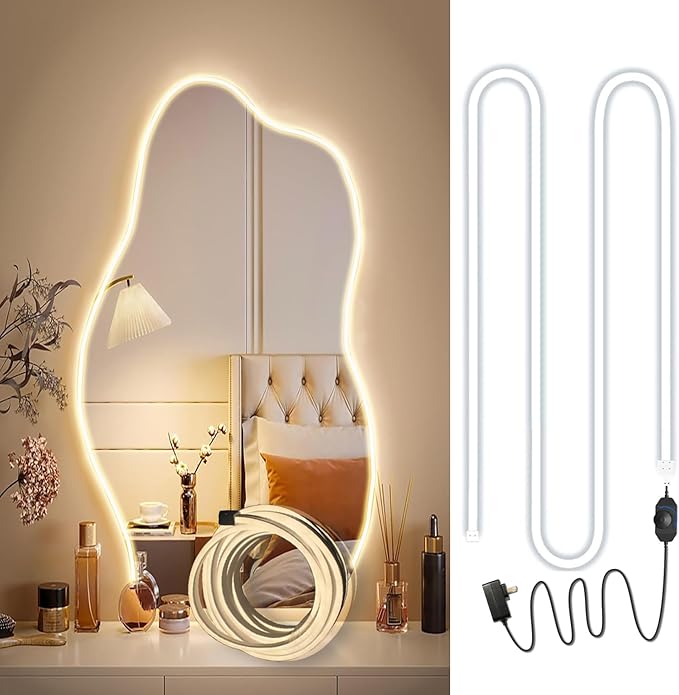 LED Vanity Mirror Lights 16.4FT, Strong Adhesive Dimmable Silicone Strip Lights for Mirror, Waterproof Eye-Care Warm White 3000K Flexible Lighting for Bedroom Bathroom (Mirror NOT Included)