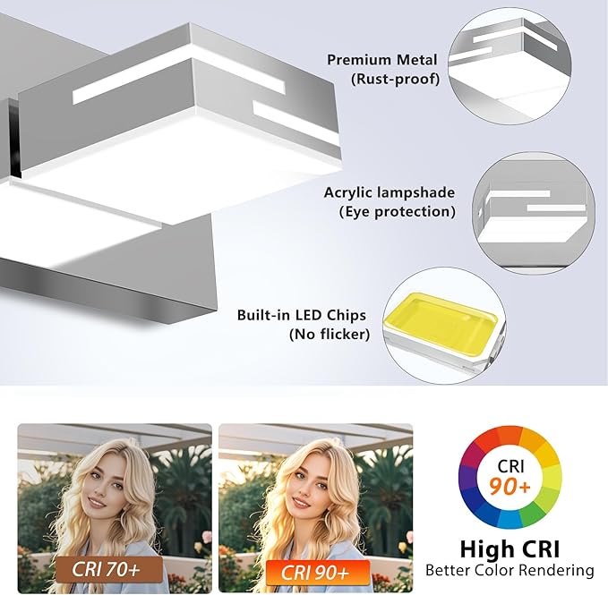 LED Modern Bathroom Vanity Light Fixtures, 3-Light 22-inch Dimmable Chrome Vanity Lights for Bathroom Lighting Fixtures Over Mirror, with 350° Rotatable Heads (Cool White 6000K)