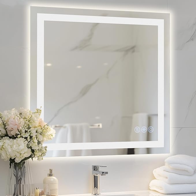 Antok 36"x 36" LED Bathroom Mirror with Lights, Anti-Fog, Dimmable, Lighted Vanity Mirror with Tempered Glass, Memory Function, 3 Light Modes, Safe Use, Horizontal, Vertical, Wall Mount