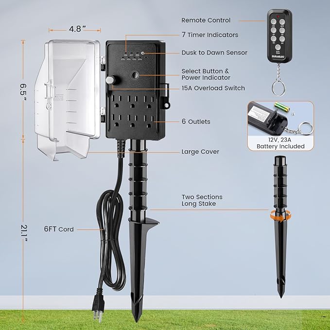 SURAIELEC Outdoor Power Stake Timer Waterproof, 100FT Wireless Remote Control, Photocell Dusk to Dawn Timer, 6 Electrical Outlets, 6FT Extension Cord, for Halloween Decoration, Outdoor Lights, Garden