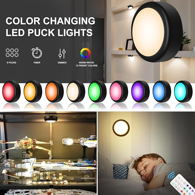 BLS LED Puck Lights with Remote Control, Wireless Under Cabinet & Closet Lighting, RGB 13 Color Changing Lights with Dimmer, Timer & AA Battery Operated, Push, Touch, Stick on for Night, Black, 6 Pack