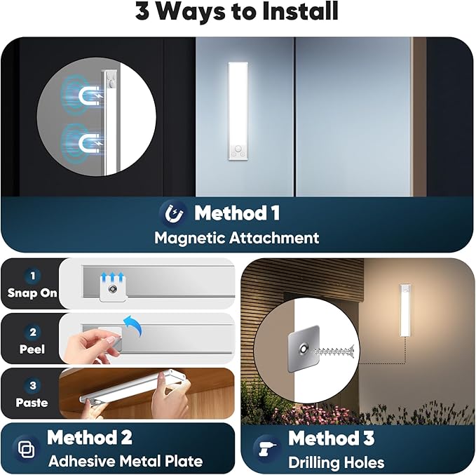 3-Pack Under Cabinet Lighting, 68LED 1800mAh Motion Sensor Lights Indoor, 3 Color Wireless Dimmable Rechargeable Battery Operated Closet Lights, Magnetic Under Counter Light Fixture for Kitchen Stair