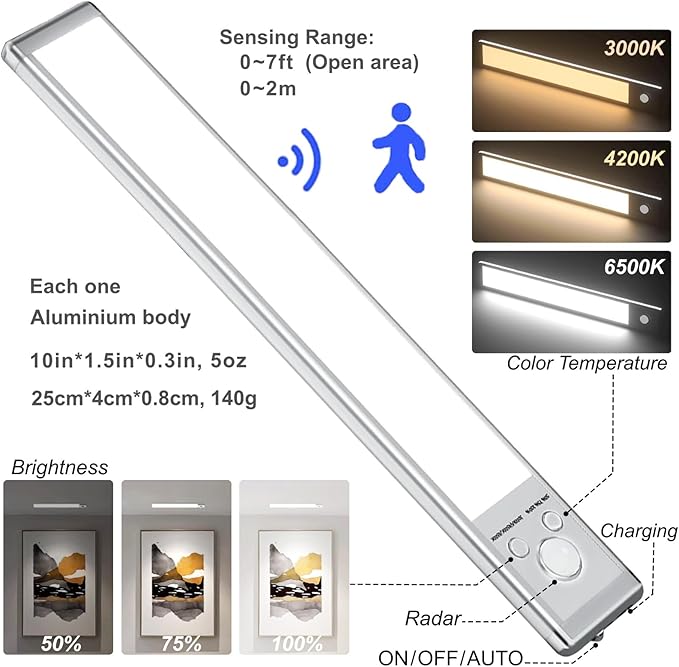 6 Pack Under Cabinet Lighting, Motion Sensor Light, 10-Inch Rechargeable LED, Battery Powered White