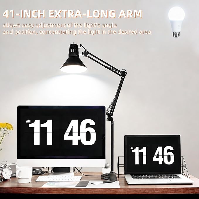 Desk Lamp With Clamp for Home Office, Eye-Caring Clip on Light with Adjustable Extra Tall Metal Swing Arm, High Intensity Clamp Lamp w/LED Bulb, Architect Task Table Lamps for Study, Workbench-B/5000k