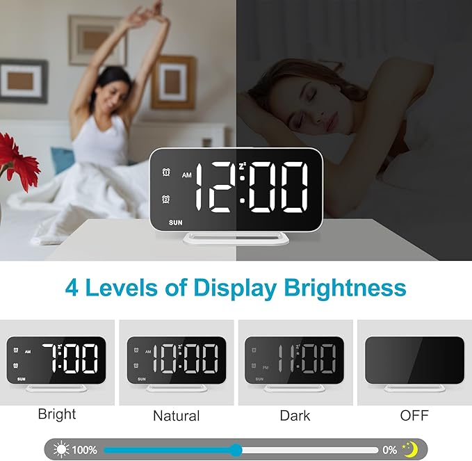 Slim LED Digital Alarm Clock, Mirror Surface for Makeup, with Diming, Large Display, Easy Setting, USB Charger Ports, Modern Bedroom, Desk, Office Living Room Decor, Christmas Birthday for Women Girl