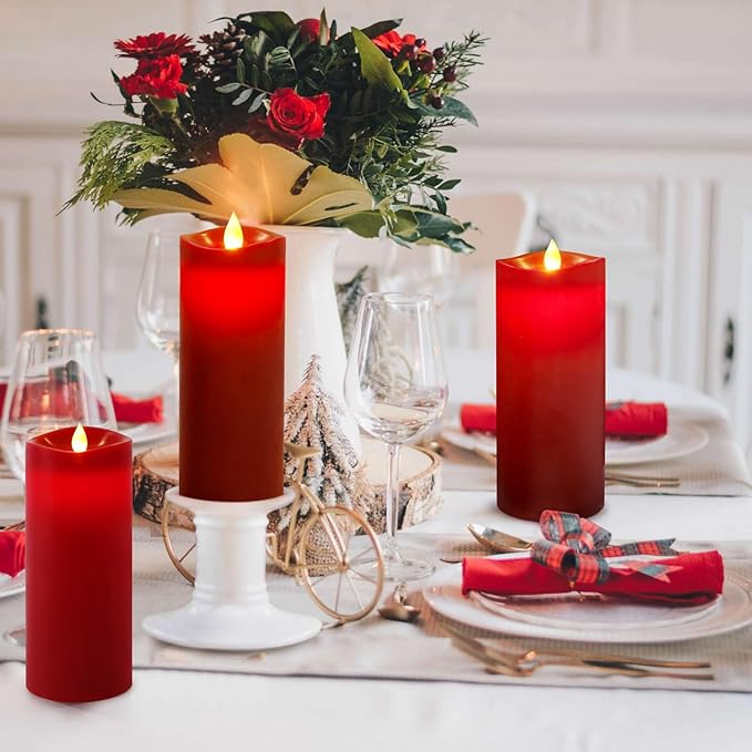 7” x 3” Flameless Candles, Flickering Moving Flame LED Candles, Battery Operated Candles with Remote and Timers, Burgundy, Set of 2