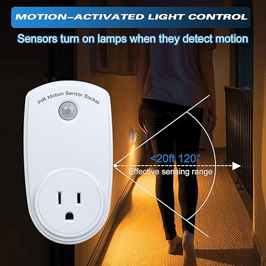 Macarrie 4 Pieces Motion Sensor Sockets Indoor Plug in Sensor Light Control Switch 120 Degrees Motion Activated Detector Plug Outlet for Corridor Garage Patio Aisle Room, 20ft Range, CE Listed