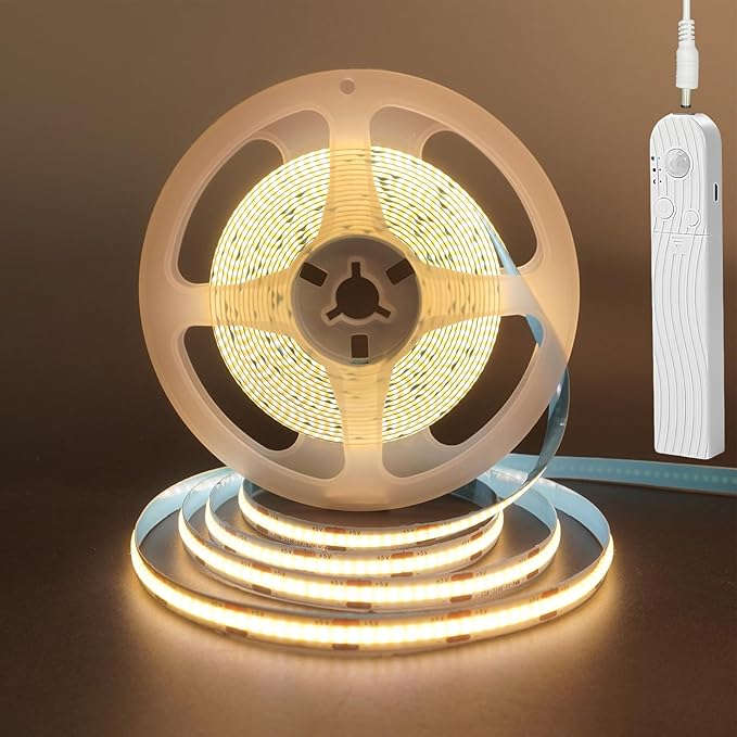 5V Motion Sensor COB LED Strip Lights 2P,Time-Delay and Brightness Adjustable,Two Power Supply Options: Batteries(Not Included) or USB,6.56FT/2M,Warm White 3000K,320LED/M,for Kitchen Cabinet